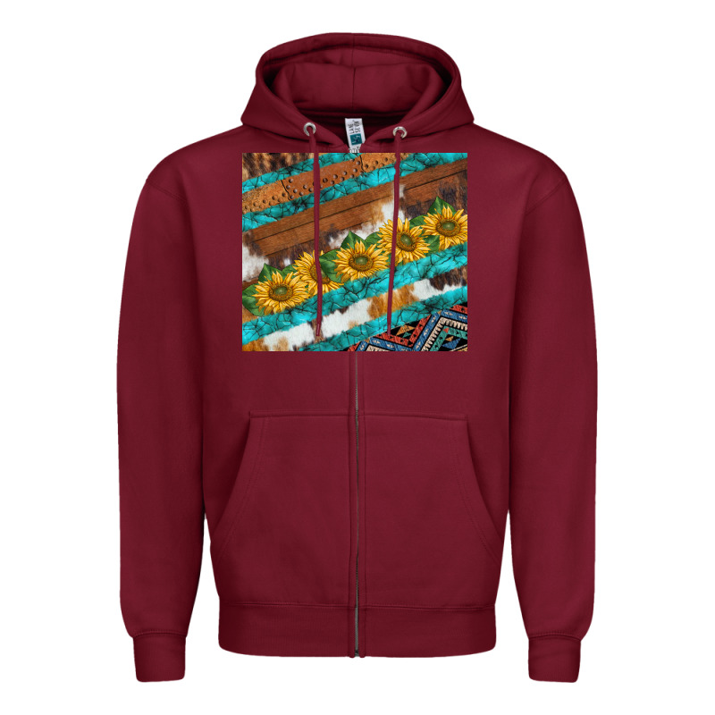 Western Aztec Sunflowers Turquoise Cowhide Zipper Hoodie by BarkalooDesign | Teevron