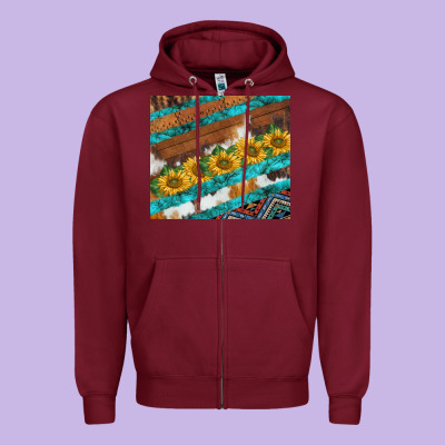 Western Aztec Sunflowers Turquoise Cowhide Zipper Hoodie Designed By Barkaloodesign