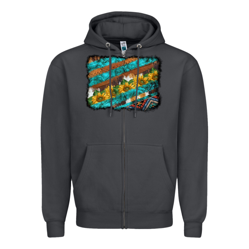 Western Aztec Sunflowers Turquoise Cowhide Background Zipper Hoodie by BarkalooDesign | Teevron