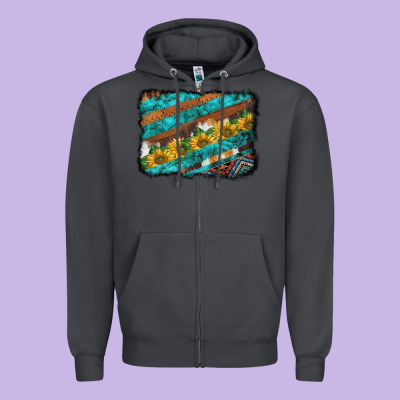 Western Aztec Sunflowers Turquoise Cowhide Background Zipper Hoodie Designed By Barkaloodesign