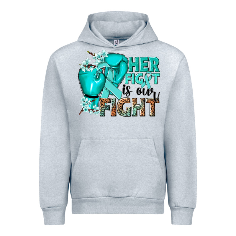 Her Fight Is Our Fight Ovarian Cancer Teal Ribbon Urban Hoodie by NancyCooperArtShop | Teevron