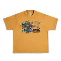 He Is Risen Matthew 28 6 Cross With Butterflies Cowhide Background Urban Heavy Tee | Teevron