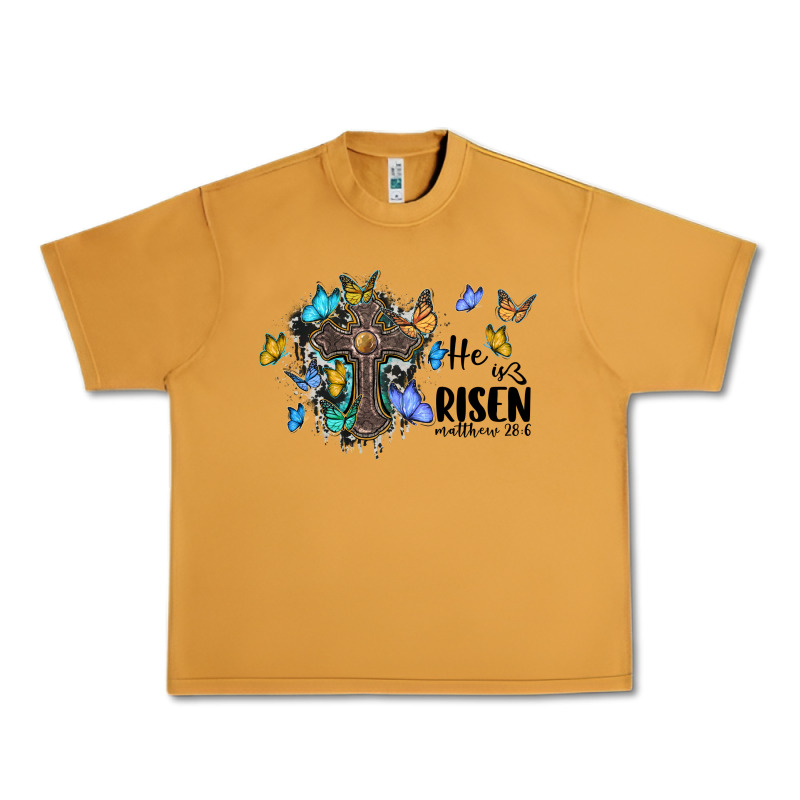 He Is Risen Matthew 28 6 Cross With Butterflies Cowhide Background Urban Heavy Tee by BarkalooDesign | Teevron