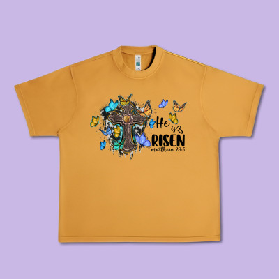 He Is Risen Matthew 28 6 Cross With Butterflies Cowhide Background Urban Heavy Tee Designed By Barkaloodesign