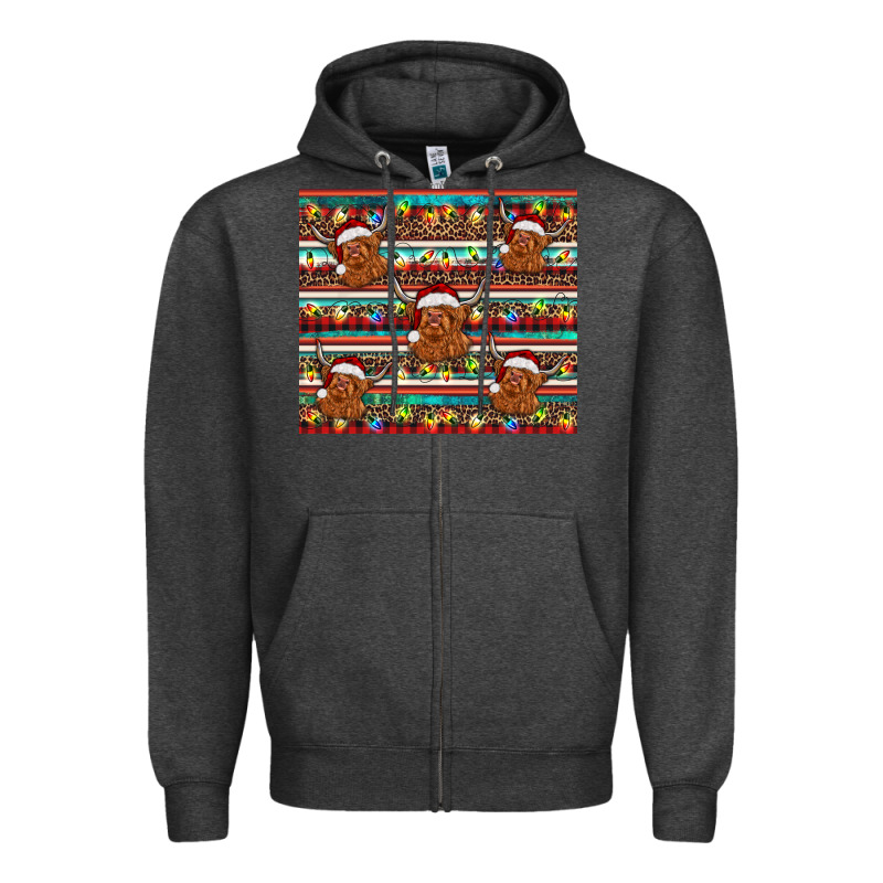Christmas Turquoise Serape Highland Cow Zipper Hoodie by BarkalooDesign | Teevron