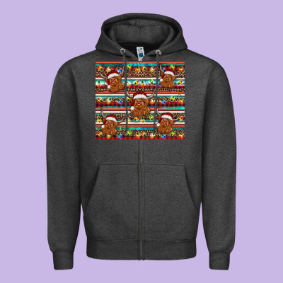 Christmas Turquoise Serape Highland Cow Zipper Hoodie Designed By Barkaloodesign