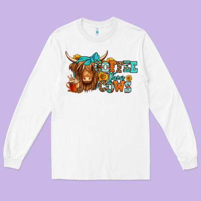 Coffee Then Cows Longhaired Cow Long Sleeve Tee Designed By Jasminsmagicworld