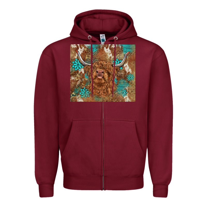 Highland Cow Turquoise Gemstones Western Patterns Zipper Hoodie by BarkalooDesign | Teevron