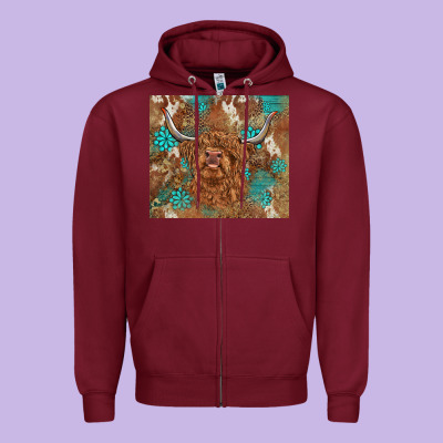 Highland Cow Turquoise Gemstones Western Patterns Zipper Hoodie Designed By Barkaloodesign