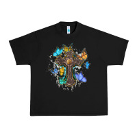 Black cross with butterflies cowhide background Urban Heavy Tee - BarkalooDesign