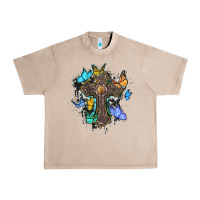 French Oak cross with butterflies cowhide background Urban Heavy Tee - BarkalooDesign