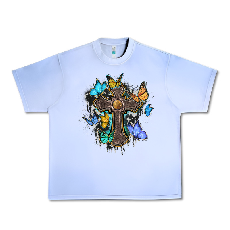 Cross With Butterflies Cowhide Background Urban Heavy Tee by BarkalooDesign | Teevron