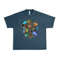 Midnight Navy cross with butterflies cowhide background Urban Heavy Tee - BarkalooDesign