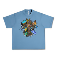 Pebble Blue cross with butterflies cowhide background Urban Heavy Tee - BarkalooDesign