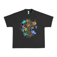 Pigment Black cross with butterflies cowhide background Urban Heavy Tee - BarkalooDesign
