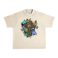 Sandshell cross with butterflies cowhide background Urban Heavy Tee - BarkalooDesign