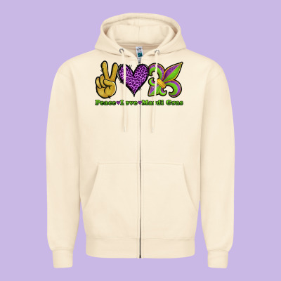 Peace Love Mardi Gras Zipper Hoodie Designed By Jasminsmagicworld