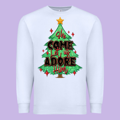 Oh Come Let Us Adore Him Christmas Tree Premium Sweatshirt Designed By Maliassmallbusiness