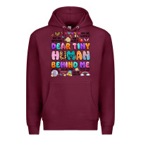 Burgundy dear tiny human behind me Premium Hoodie - Artiststas