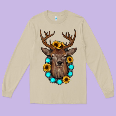 Deer Gemstone Sunflower Long Sleeve Tee Designed By Jahusdesignshop