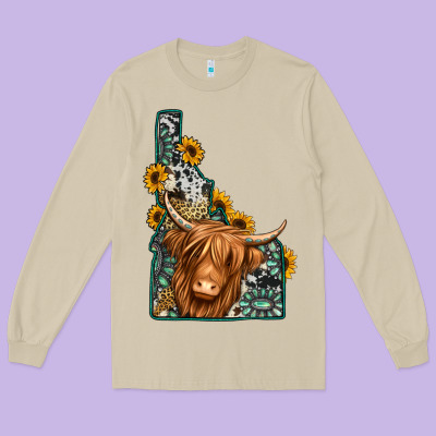 Idaho Map Long Haired Cow Long Sleeve Tee Designed By Jasminsmagicworld
