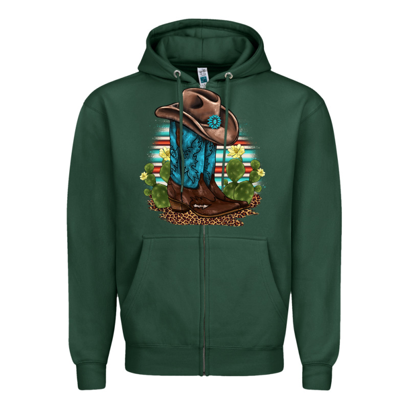 Western Boots And Hat Cactus Leopard Serape Pattern Zipper Hoodie by BarkalooDesign | Teevron