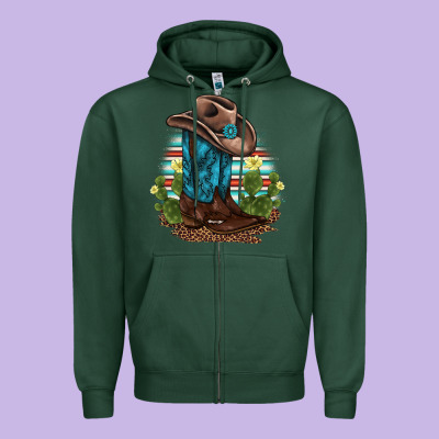 Western Boots And Hat Cactus Leopard Serape Pattern Zipper Hoodie Designed By Barkaloodesign