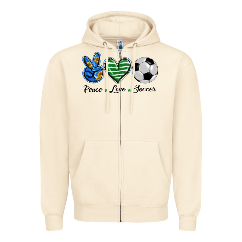 Peace Love Soccer Zipper Hoodie by BarkalooDesign | Teevron