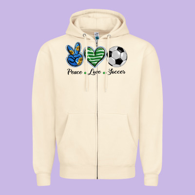 Peace Love Soccer Zipper Hoodie Designed By Barkaloodesign