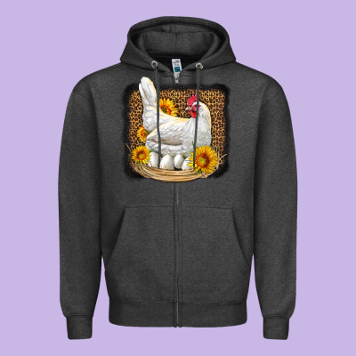 Perched Chicken With Sunflowers Leopard Background Zipper Hoodie Designed By Lillyallendesigns