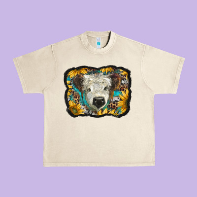White Scottish Calf With Sunflowers Western  Background Urban Heavy Tee Designed By Barkaloodesign