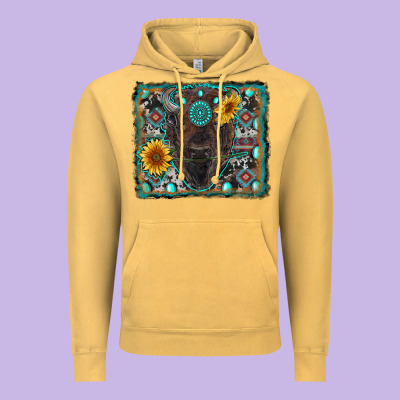 American Bison Wıth Sunflower And Gemstone Vintage Hoodie Designed By Ranaportraitstore