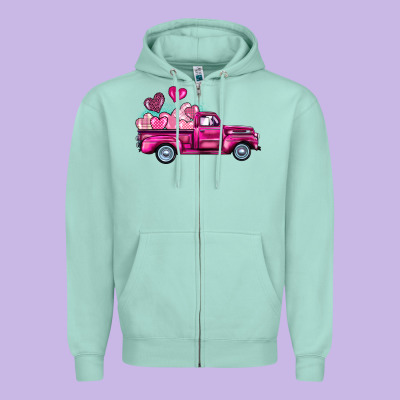 Valentine's Day Pink Truck Zipper Hoodie Designed By Barkaloodesign