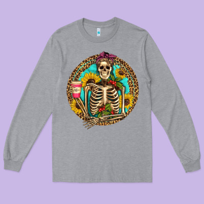 Western Skeleton Coffee Sunflowers Long Sleeve Tee Designed By Artiststas