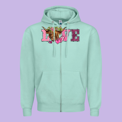 Valentine's Day Love Highland Cow Zipper Hoodie Designed By Barkaloodesign