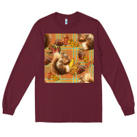 Burgundy fall squirrel and plaid seamless Long Sleeve Tee - BundleAndBundleShop