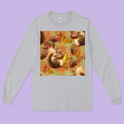 Fall Squirrel And Plaid Seamless Long Sleeve Tee Designed By Bundleandbundleshop