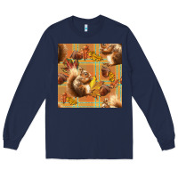 Navy fall squirrel and plaid seamless Long Sleeve Tee - BundleAndBundleShop