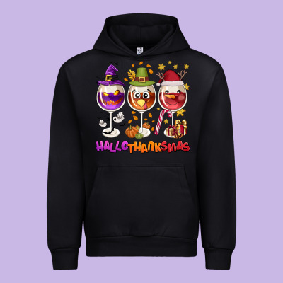 Hallothanksmas Wine Glasses Urban Hoodie Designed By Nancycooperartshop