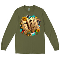 Army Green cross with bible and sunflowers Long Sleeve Tee - AdoDesignShop