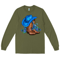Army Green valentines day blue boots cowgirl hat and roses Long Sleeve Tee - AdoDesignShop