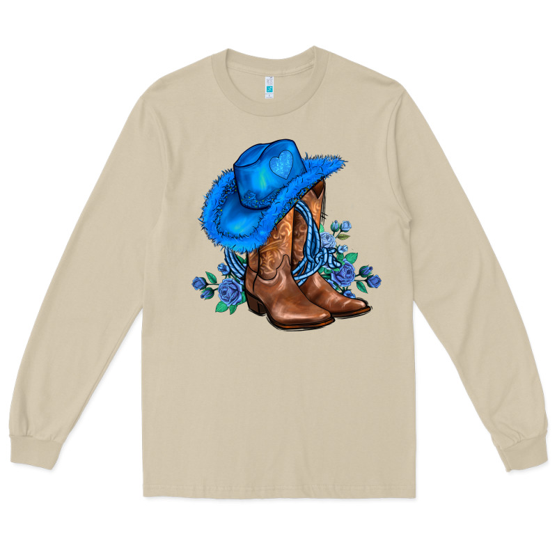 Valentines Day Blue Boots Cowgirl Hat And Roses Long Sleeve Tee by AdoDesignShop | Teevron