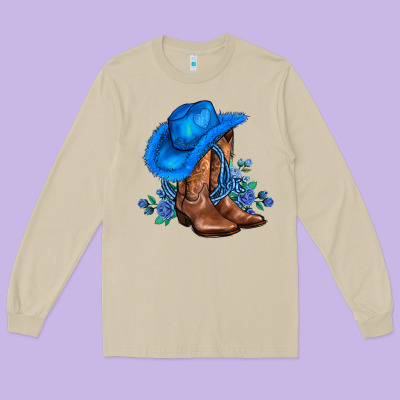 Valentines Day Blue Boots Cowgirl Hat And Roses Long Sleeve Tee Designed By Adodesignshop