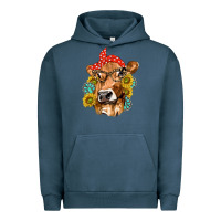 Pigment Midnight Navy Western Cow with Sunflowers and Gemstone Urban Hoodie - texasbilliewilder