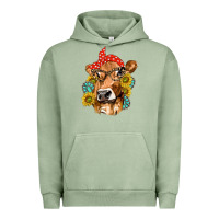 Pigment Oil Green Western Cow with Sunflowers and Gemstone Urban Hoodie - texasbilliewilder