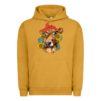 Pigment Peanut Butter Western Cow with Sunflowers and Gemstone Urban Hoodie - texasbilliewilder