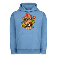 Pigment Pebble Blue Western Cow with Sunflowers and Gemstone Urban Hoodie - texasbilliewilder