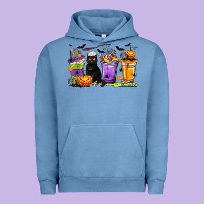 Halloween Cat Coffee Cups Urban Hoodie Designed By Texasbilliewilder