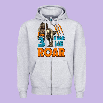 I'm Three Hear Me Roar Dinosaur Birthday Zipper Hoodie Designed By Lillyallendesigns