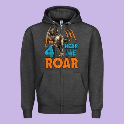 I'm Four Hear Me Roar Dinosaur Birthday Zipper Hoodie Designed By Lillyallendesigns